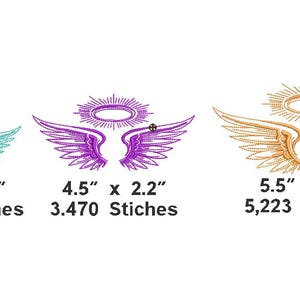 Könnte beinhalten: Drei gestickte Engelsflügel-Designs mit Heiligenscheinen. Das erste ist türkis, 8,9 cm x 4,3 cm. Das zweite ist lila, 11,4 cm x 5,6 cm. Das dritte ist goldfarben, 14 cm x 6,6 cm. Jedes Design enthält die Anzahl der Stiche.