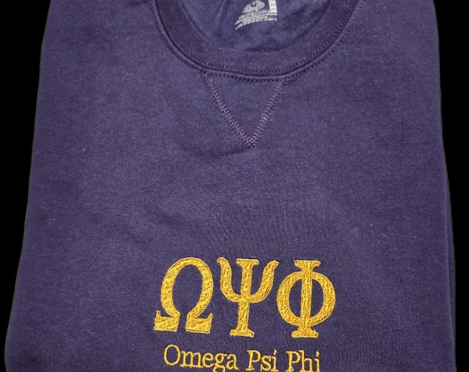 OMEGA PSI PHI Sweat shirt/Dark Purple w Gold Greek Letters/Embroidered Sweat Shirt/Opp Fleece Shirt