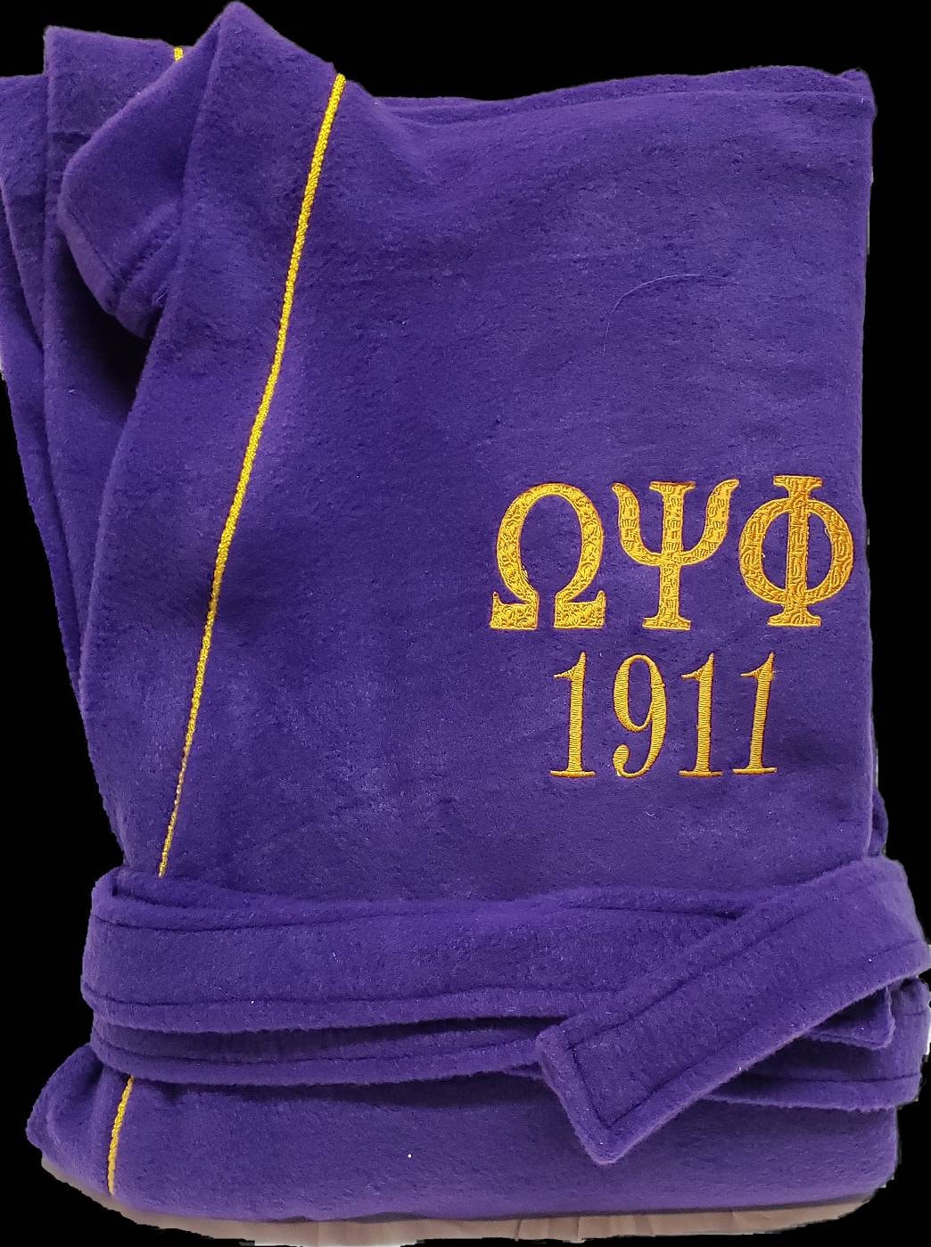 Omega Psi Phi Greek Letter Embroidered Purple Kimono Fleece Bathrobe
