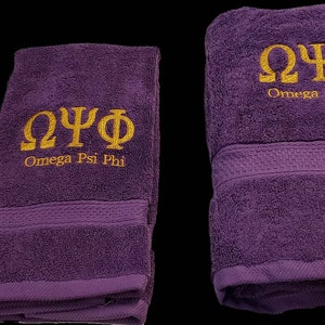 OMEGA PSI PHI Purple or Gold Hand or Wash Cloth Towels w Gold or Purple Embroidery/2 Piece Hand Towel Set/Omega Psi Phi Wash Cloths