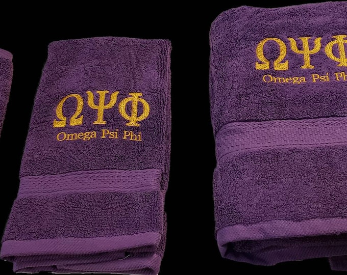 OMEGA PSI PHI Purple or Gold Hand or Wash Cloth Towels w Gold or Purple Embroidery/2 Piece Hand Towel Set/Omega Psi Phi Wash Cloths