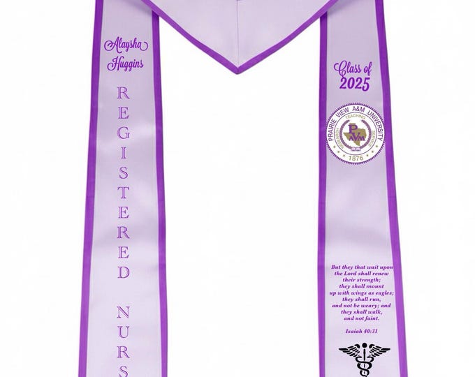 Reserved for Alaysha / One custom embroidered graduation stole white w purple trim w embroidered texts and graphics