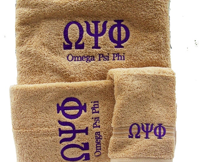 OMEGA PSI PHI Purple or Gold 3 Piece Towel Set/Bath, Hand and Wash Cloth Towel Set/