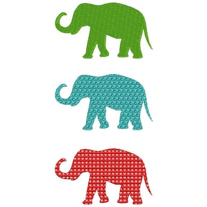 Puede incluir: Tres siluetas de elefantes, una verde, una azul con un patrón geométrico y una roja con un patrón geométrico.