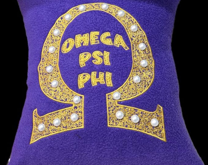 Que Pearled/OMEGA PSI PHI 16" Greek Letter Embroidered Purple & Gold w 20 Pearls Pillow/Omega Pillow/Que Embroidered Pearl EmbellishedPillow