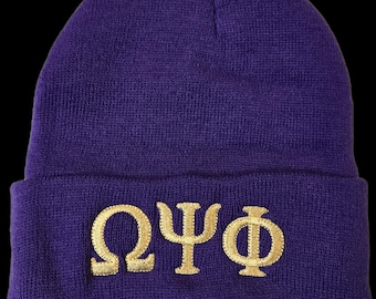 OMEGA PSI PHI,Greek Letter/Monogrammed Acrylic Knit Beanie, Purple Beanie, Que Dog
