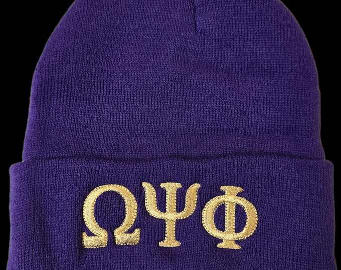 OMEGA PSI PHI,Greek Letter/Monogrammed Acrylic Knit Beanie, Purple Beanie, Que Dog