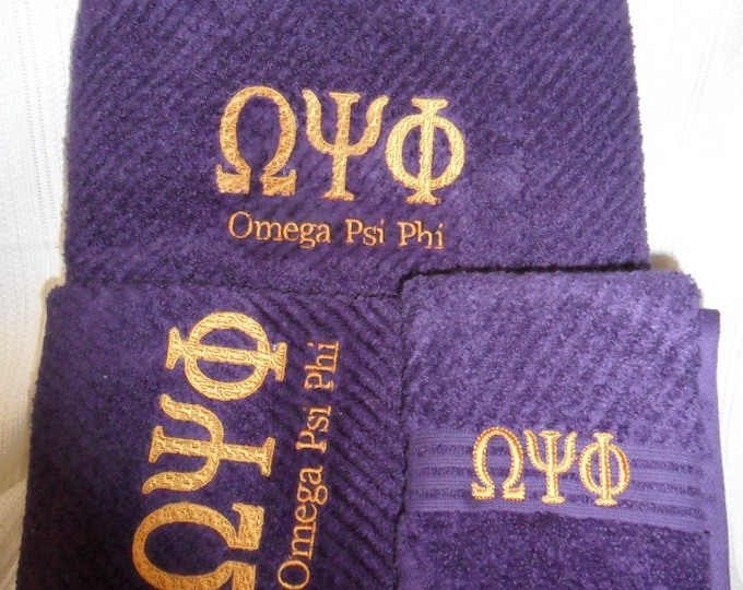 Featured listing image: OMEGA PSI PHI Deep Purple 3 piece Towel Set (Bath, Hand and Wash)