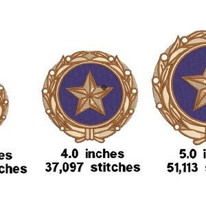 May include: Three embroidered star medallions in varying sizes: 3.0 inches, 4.0 inches, and 5.0 inches. Each features a gold star on a blue background, surrounded by a gold laurel wreath and decorative border. The text below each medallion indicates the size and stitch count.