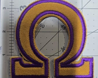Omega Greek Letter Iron On Velvet Patch/3" Omega (Que) Patch/Gold & Purple Que Iron on Patch