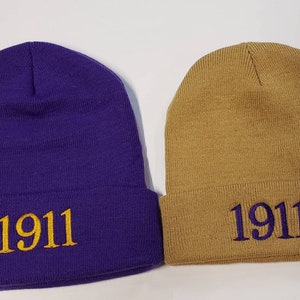 OMEGA PSI PHI, 1911 Greek Letter/Founding Year Monogrammed Acrylic Knit Beanie, Purple Beanie, Que Dog