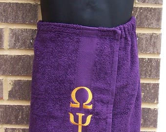 DEEP PURPLE/Old Gold Greek Letter Embroidered Pool, Spa, Gym,Terry Cloth Shower Wrap/Que Shower Wrap/Omega Shower Wrap/Omega Groomsman Gift