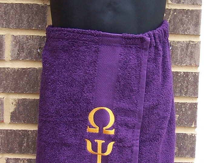 DEEP PURPLE/Old Gold Greek Letter Embroidered Pool, Spa, Gym,Terry Cloth Shower Wrap/Que Shower Wrap/Omega Shower Wrap/Omega Groomsman Gift