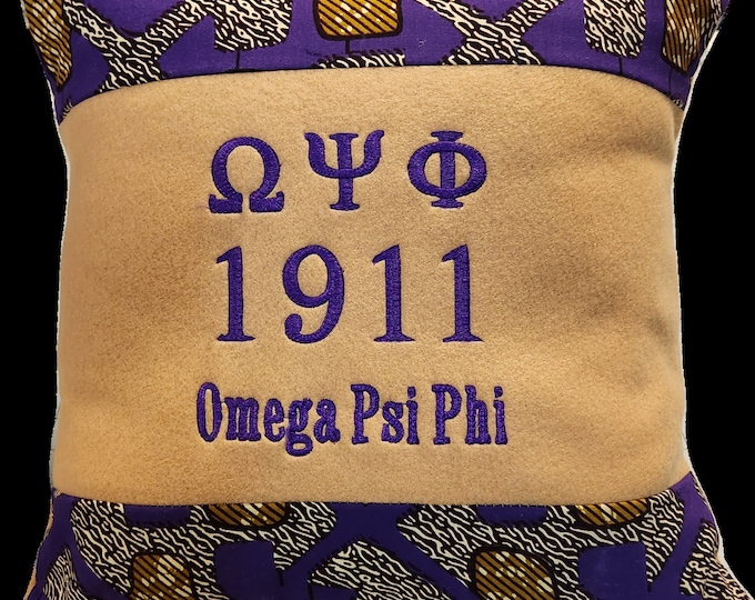 African Print Color Blocked /OMEGA PSI PHI 16" Greek Letter Embroidered Purple & Gold Pillow
