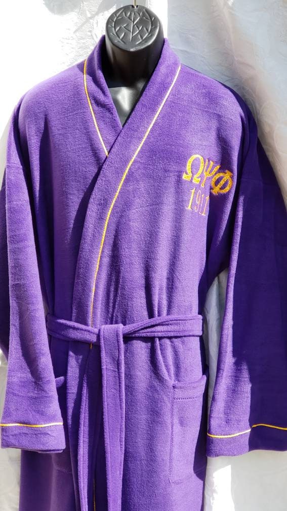 Omega Psi Phi Greek Letter Embroidered Purple Kimono Fleece Bathrobe