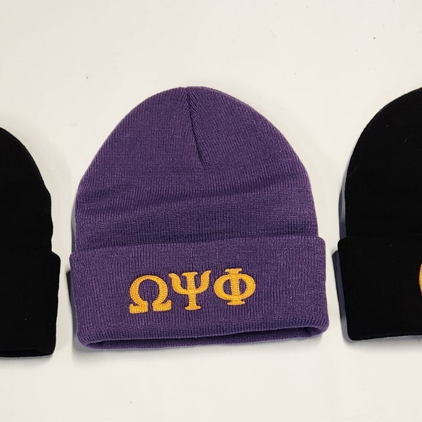 OMEGA PSI PHI,Greek Letter/Monogrammed Acrylic Knit Beanie, Purple Beanie, Que Dog