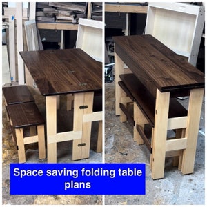 May include: A space-saving folding table with two benches. The table and benches are made of wood with a dark brown stain. The table folds in half to save space. The table is made of maple and walnut wood. The text "Space saving folding table plans" is visible in the image.