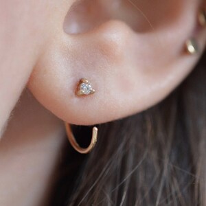 Tiny Diamond Huggie Hoop 14k Gold Earrings | Recycled Gold Ethical Diamond Threader | Diamond Open Hoop Earrings