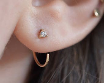 Tiny Diamond Open Hoop 14k Gold Earrings | Recycled Gold Ethical Canadian Diamond Stud | Small Diamond Earrings | Threader Jacket