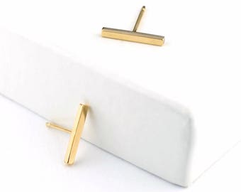 Skinny Gold Bar Stud | 14k Gold Minimal Line Stud Earring | Minimalist Gift | Gold Line Staple Tiny Earring