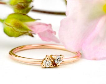 Rose Gold Tiny Stacking Diamond Ring | Ethical Canadian Diamond Pair | Recycled Solid 14k Gold | Diamond Chevron Stacker
