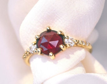 Rhodolite Garnet Diamond Engagement Ring | Rose Cut | 6 prong 3 stone Accented Engagement Ring