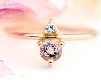 Morganite and Sapphire 14k Rose Gold Ring | Recycled Rose Gold | Eco Friendly Morganite Engagement Ring | Peach Pink Morganite Cluster Ring