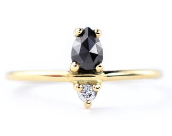 Rose Cut Pear Black Diamond Asymmetrical 14k Engagement Ring | Ethical Canadian Diamond | Minimal Geometric Off Center Engagement Ring