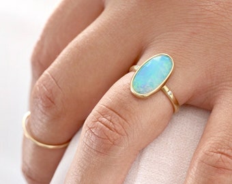 Rose Cut Opal Diamond 14k Gold Cocktail Ring | Blue Natural Ethiopian Rainbow Opal | Solid Gold Bezel