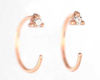 Tiny Diamond Open Hoop Rose Gold Earrings | Recycled 14k Gold Ethical Canadian Diamond Stud | Small Diamond Earrings | Threader Jacket