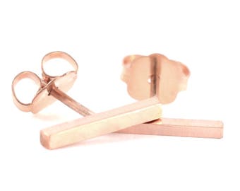 Skinny Rose Gold Bar Stud | 14k Gold Fill Minimal Stud Earring | Minimalist Gift | Rose Gold Line Tiny Staple Earring