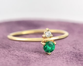 Emerald and Diamond May Birthstone Mother's Ring | Eco-Friendly Stones 14k Recycled Gold | Minimal Modern Birthstone Engagement Ring