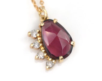 Tiny Garnet and Sapphire Asymmetrical Necklace | 14K Gold | Burgundy Pink Rose Cut | Dainty Freeform Gemstone