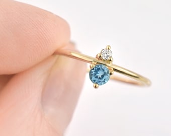 Aquamarine and Diamond March Birthstone Mother's Ring | Eco-Friendly Stones 14k Recycled Gold | Minimal Modern Birthstone Mother's Ring