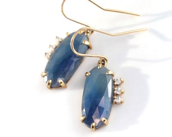 Rose Cut Blue Sapphire Accented Earrings | Large 14k Gold Cocktail Statement Drops