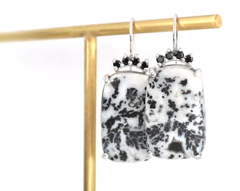 Dendritic Opal Earrings | Black and White Dendritic Gemstone | Black and White Gemstone Cabochon