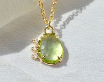 Peridot Halo Necklace with Kinetic Hinge | 14k Rose Cut Necklace | Light Green Diamond Necklace