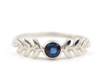 Leaf Ring Sapphire Blue White | Graduation Laurel Wreath 14k Gold or Silver Sapphire Gemstone Ring | Engagement Mothers Birthstone