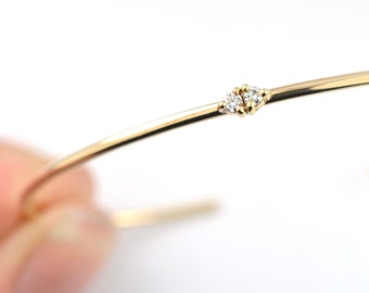 Thin Gold Diamond Cuff Bracelet | Solid 14k Gold or Silver Minimal Bangle | Open Bangle Bracelet