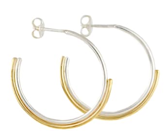 Silver and Gold Open Hoop Earrings | Sun and Moon Hoop 2 Tone Dangle Earrings | Brass Silver Minimal Post Hoops