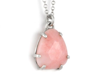 Rose Cut Pink Opal Necklace Silver | Silver Freeform Pear Opal Rose Quartz