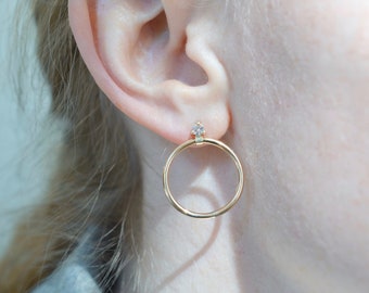 Forward Facing Hoops | 14k Gold Door Knocker Earrings | White Sapphire 14k Hinged Hoop | Circle Stud