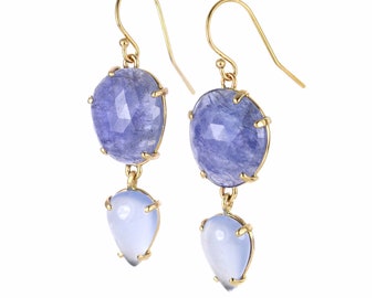 Rose Cut Tanzanite and Chalcedony Dangle Earrings | Large 14k Gold Cocktail Statement Drops