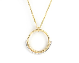 Circle Necklace Gold and Silver Sun and Moon | 14k Goldfill and Sterling Minimal Necklace | Gold Hoop Open Circle