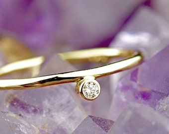 Tiny Diamond 14k Gold Ring | Asymmetrical Diamond Stacking Solitaire Band | Recycled Conflict Free Canadian Diamond