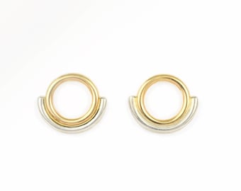 Sun and Moon Stud Earrings | 14KGF Minimal Circle Earrings | Simple Open Circle Studs | 14k Gold Fill and Sterling Silver