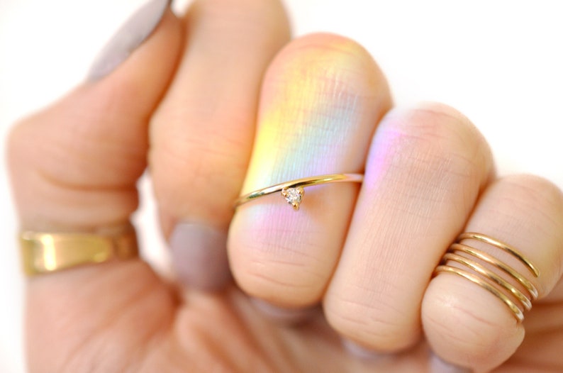 Tiny Diamond 14k Gold Ring Minimal Geometric Stacking Ring Ethical Canadian Diamond Bridesmaid Gift image 1