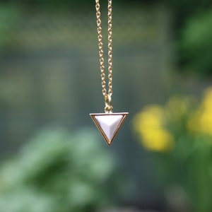 Tiny White Turquoise Pyramid Pendant Necklace 10mm Charm/18inch Matte Gold Plated Chain/Modern/Triangle Pendant/White Turquoise Gemstone