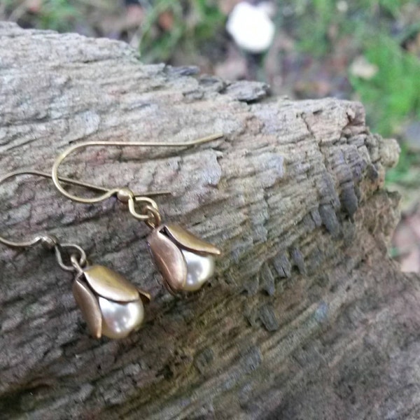 Mini Brass Tulip and Swarovski Crystal Pearl Drop Earrings / Mini Pearls / Dangle & Drop Earrings / Tiny Pearl Earrings / Little Pearls