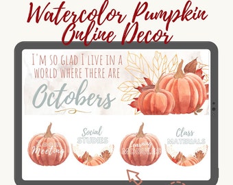 Watercolor Pumpkin Canvas Buttons Banners and Cover Images for Online Classroom Decor Fall Website Digital Classroom Fall